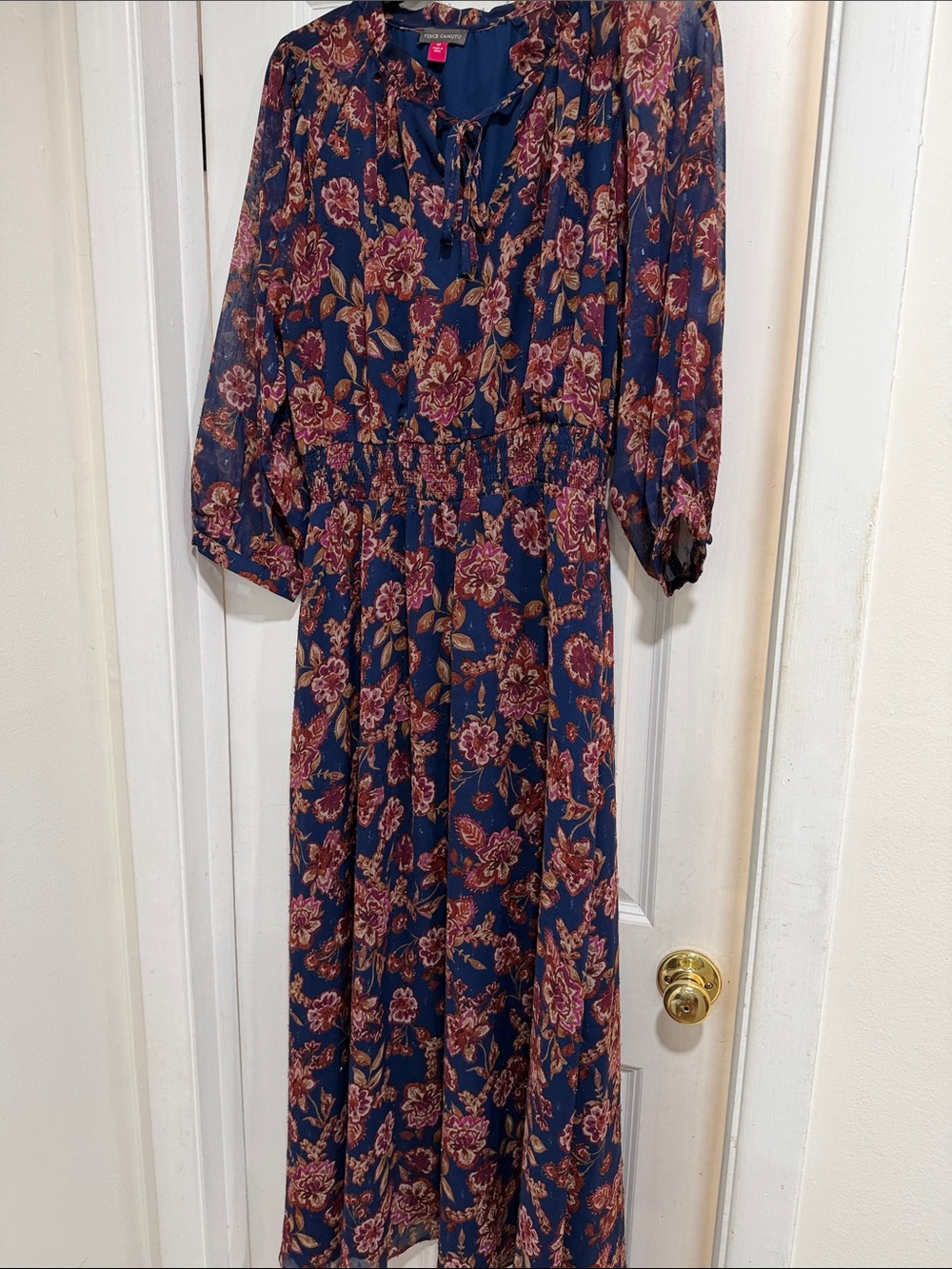 Vince Camuto Navy Floral Maxi Dress with Pink and Brown Floral Print